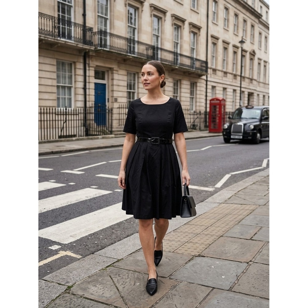 ModCloth Womens 2X Black Fit and Flare Belted Pleated Scoop Neck Dress